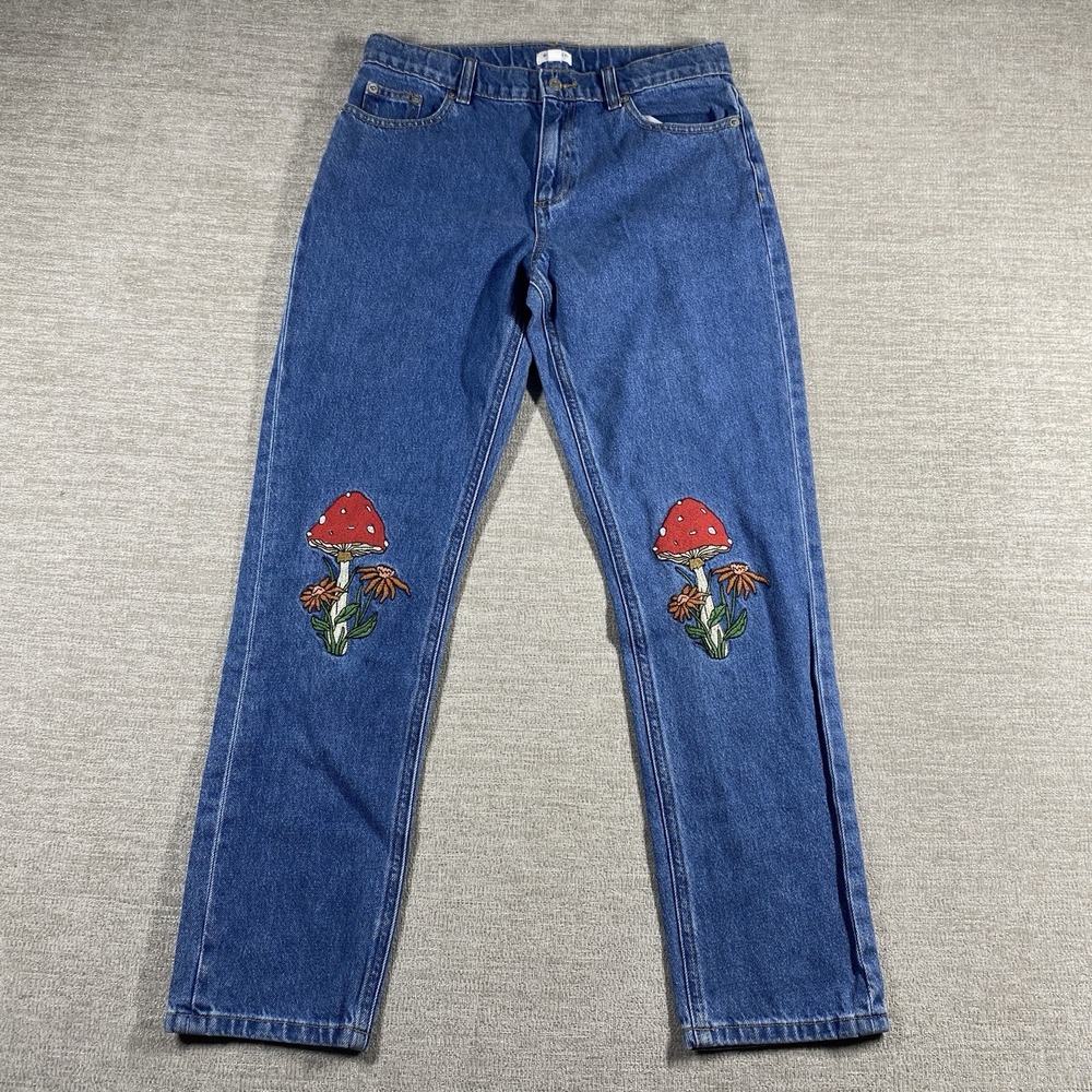 PacSun Kids Mushroom Embroidered Straight Leg Jeans Size 14 Blue Denim Floral